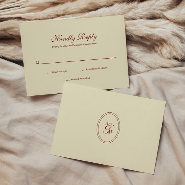 Cartão RSVP Monograma Clássico Simples de Casamento em Creme M (Criador carregado)