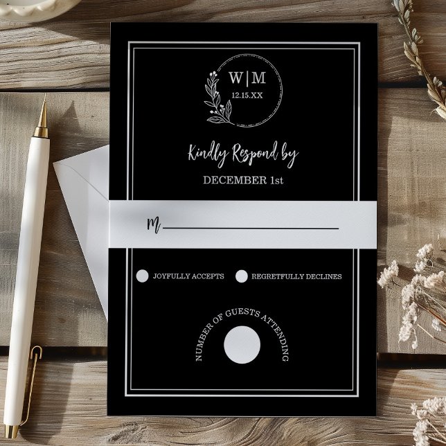 Cartão RSVP Monograma de Casamento com Desenho de Linha Preta  (Elegant Black Line Drawing Monogram Wedding RSVP Card)