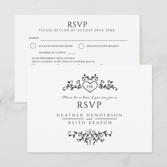 Cartão RSVP Monograma de folha de castigo farinha branca negra (Frente/Verso)