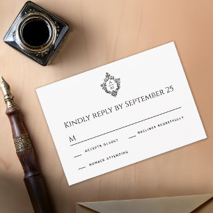 Cartão RSVP Monograma do Casamento vintage Branco preto Crest