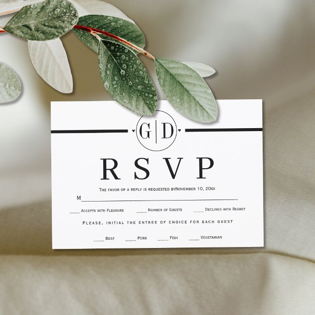 Cartão RSVP Monograma e casamento formal em preto e branco (Criador carregado)