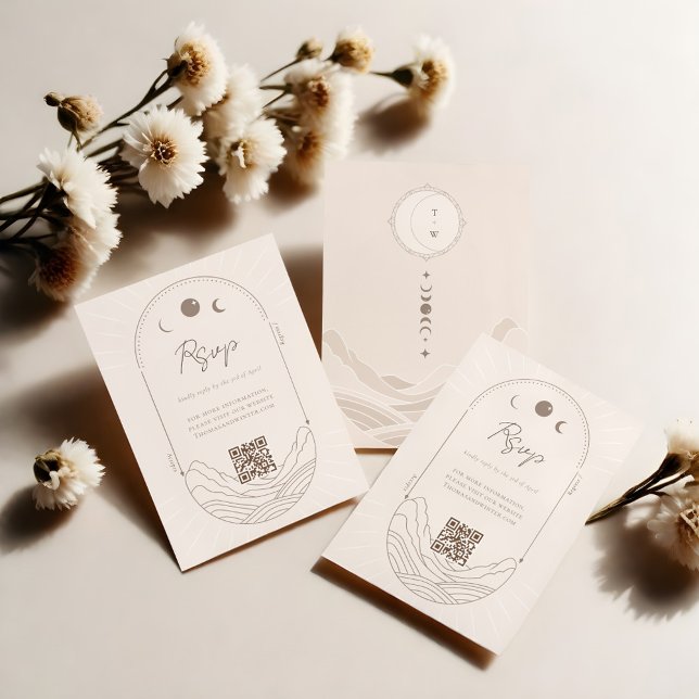 Cartão RSVP Monograma Holístico da Estrela Celestial Monograma (Celestial Moon Star Holistic Monogram QR Code RSVP)