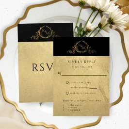 Cartão RSVP Monograma negro e Dourado elegante, sem refeições