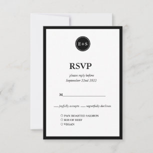 Cartão RSVP Monograma   Opções de Comida para Casamento Preto 