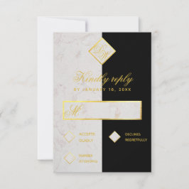 Cartão RSVP Monograma Preto e Branco Mármore Dourado Casamento