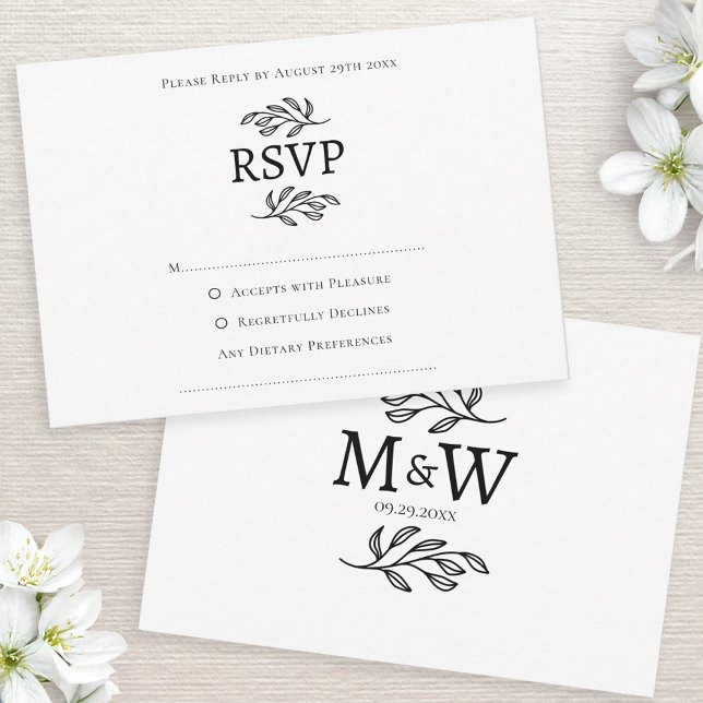 Cartão RSVP Monograma Simples de Casal de Casamento Mínimo (Modern RSVP wedding couple monogram initials custom text response enclosure card)