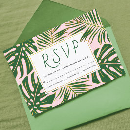 Cartão RSVP Monstera tropical, palma deixa rosa, casamento RSV