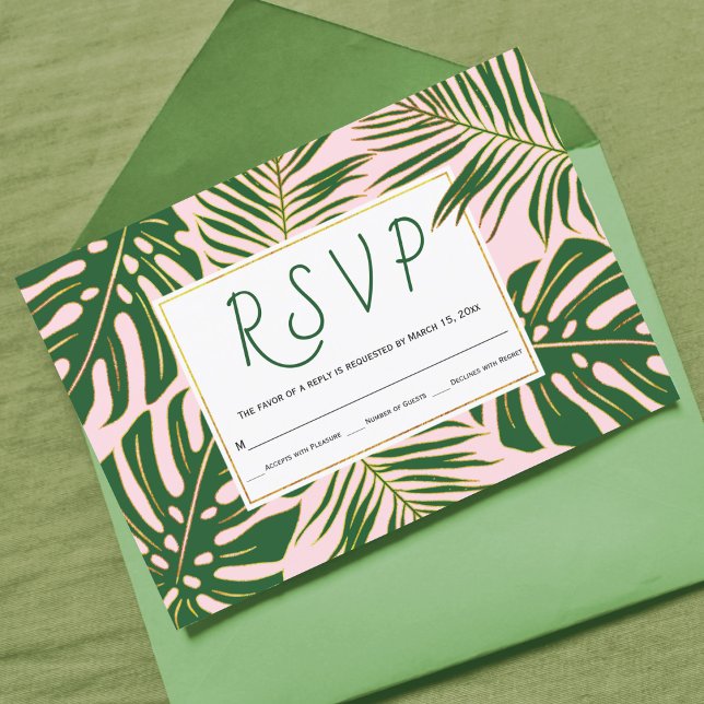 Cartão RSVP Monstera tropical, palma deixa rosa, casamento RSV (Criador carregado)