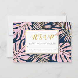 Cartão RSVP Monstera tropical rosa, casamento de marinho de fo