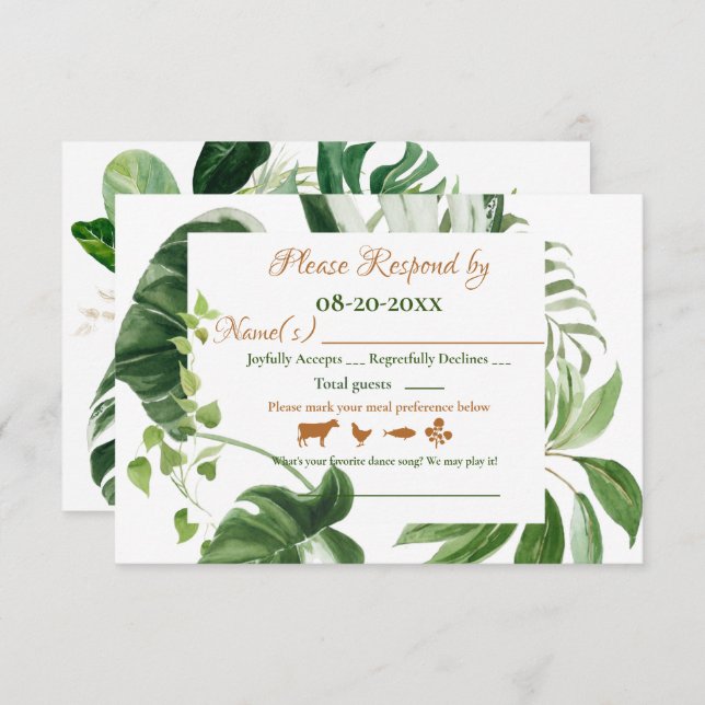 Cartão RSVP Monstera Verde De Casamento Deixa Aquarela De Fram (Frente/Verso)