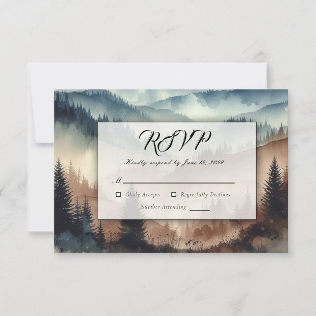 Cartão RSVP Montanhas Dusty Blue e Mocha Brown (Frente)