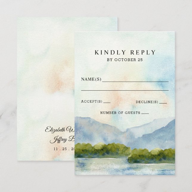 Cartão RSVP Montanhas Rustic Watercolor Casamento no inverno L (Frente/Verso)