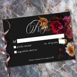 Cartão RSVP Moody Black Floral Painterly Red Burgundy Wedding