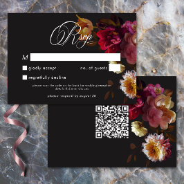 Cartão RSVP Moody Black Floral Painterly Red Burgundy Wedding