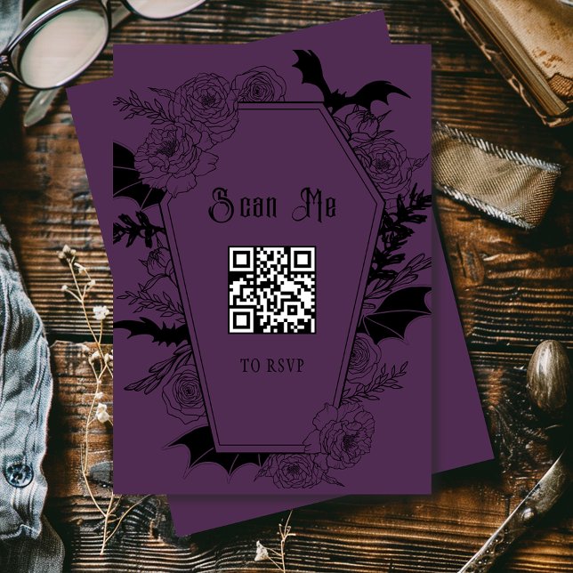 Cartão RSVP Moody Gothic Wedding Código QR Website Roxo (Criador carregado)