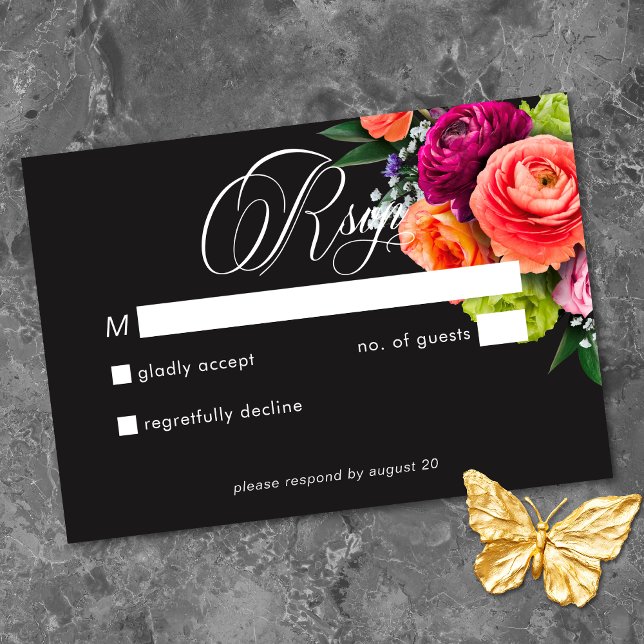 Cartão RSVP Moody Luxe Floral Vibrant Pink Black Wedding (Moody Luxe Floral Vibrant Pink Black Wedding RSVP Card)