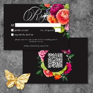 Cartão RSVP Moody Luxe Floral Vibrante Casamento Preto QR
