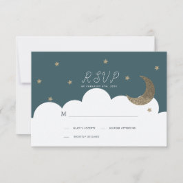 Cartão RSVP Moon Crescente e Estrelas Marinho Blue Baptism RSV