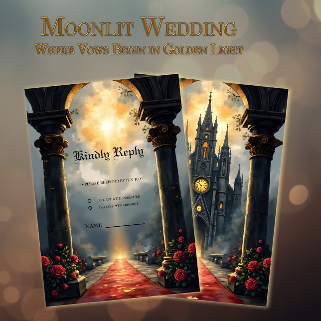 Cartão RSVP Moonlit Aisle of Eternal Vows –Gothic Wedding Gate (Criador carregado)