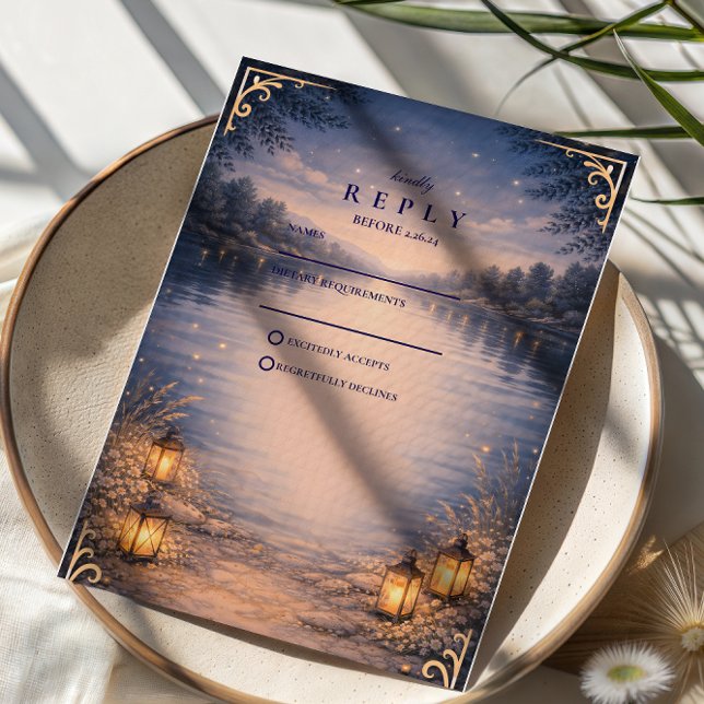 Cartão RSVP Moonlit Lake Forest Romance Wedding (Criador carregado)
