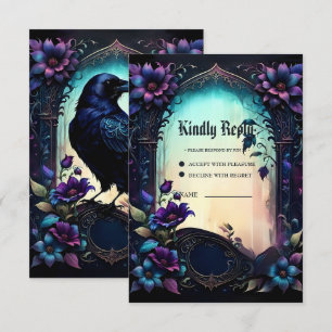 Cartão RSVP Moonlit Raven   Suite de Casamento Floral Gótico.