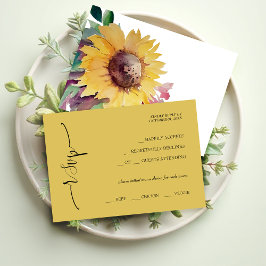 Cartão RSVP Mostarda Elegante Caligrafia de Girassol