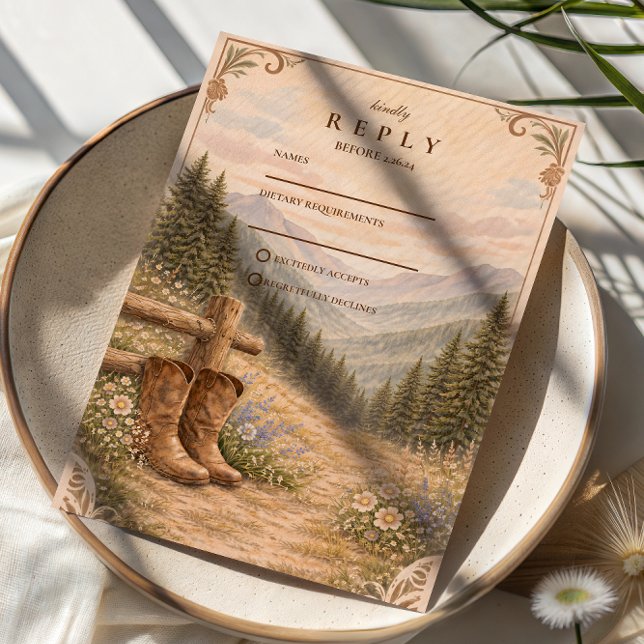 Cartão RSVP Mountain Forest Cowboy Boots Wedding (Criador carregado)