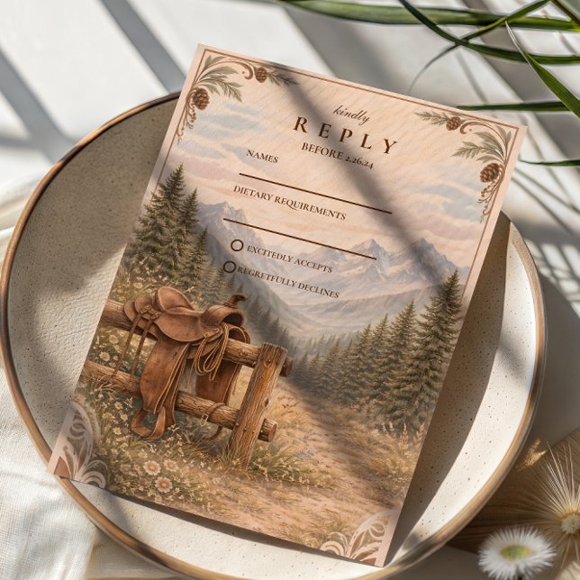 Cartão RSVP Mountain Forest Western Saddle Wedding (Criador carregado)