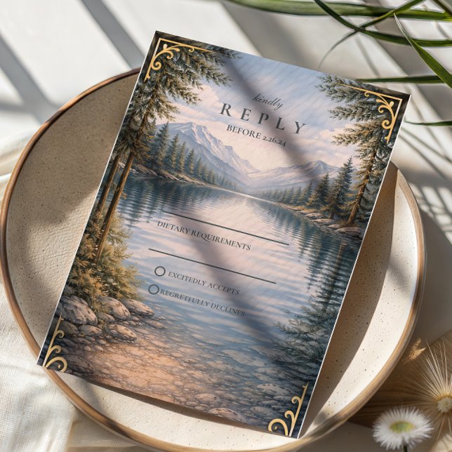 Cartão RSVP Mountain Lake Forest Reflection Wedding (Criador carregado)