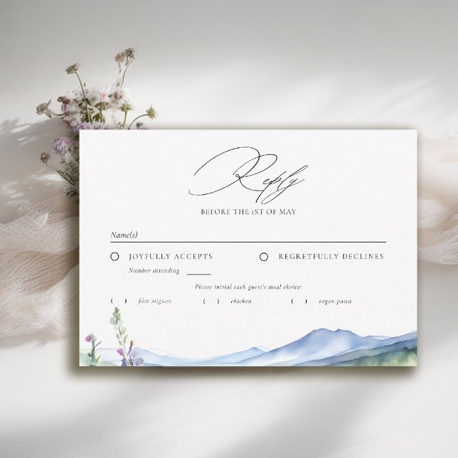 Cartão RSVP Mountains Wildflowers Meadow Modern Wedding Meal (mountain wedding rsvp reply respond wildflowers meadow floral watercolor modern calligraphy)