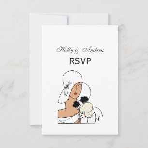 Cartão RSVP Mulher Art Déco Vintage com Flores Usando Chapéu C