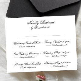 Cartão RSVP Multi-evento de casamento clássico preto e branco