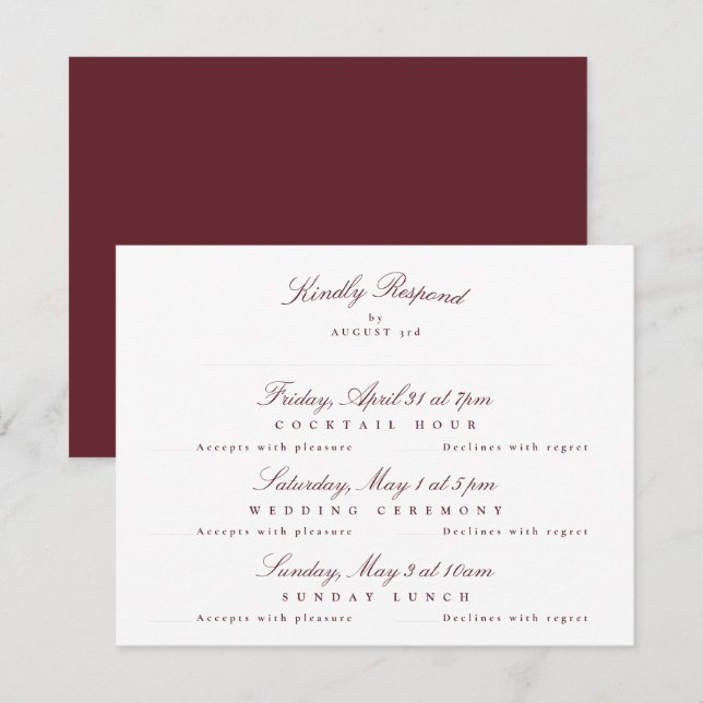 Cartão RSVP Multievento da Caligrafia Elegante Maroon Burgundy (Frente/Verso)