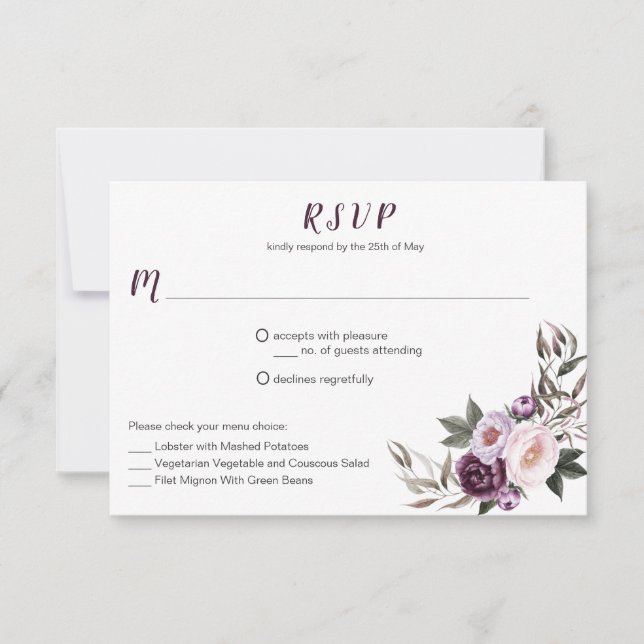 Cartão RSVP Nº 2 - Escolha do Buquê de Peões Rosa Púrpura (Frente)