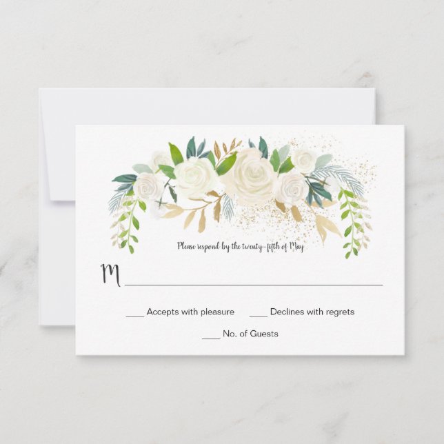 Cartão RSVP nº 2 Rosas Brancas da Cream - Glitter Greenery RSV (Frente)