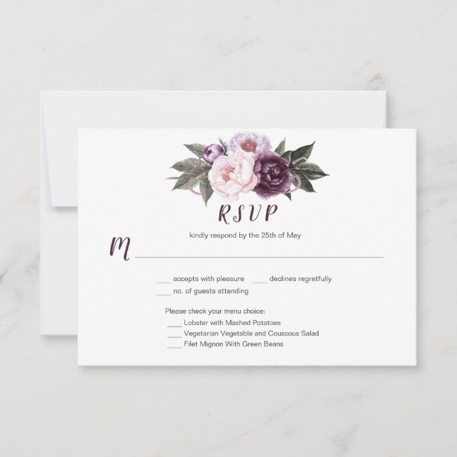 Cartão RSVP Nº 3, Escolha do Buquê de Peões Rosa Púrpura (Frente)