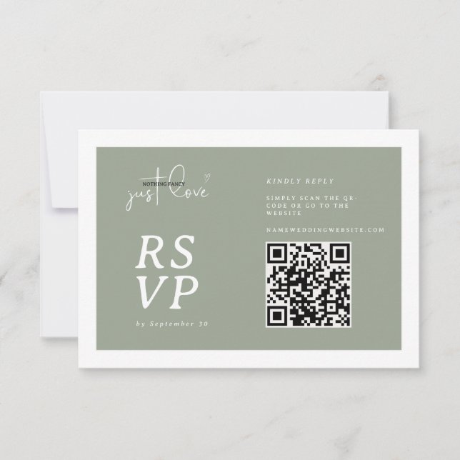 Cartão RSVP Nada sofisticado, apenas amor. Código QR sage verd (Frente)