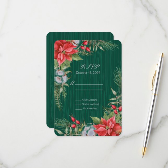 Cartão RSVP Natal Emerald Green Poinsettia (Frente/Verso In Situ)