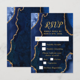 Cartão RSVP Navy Blue and Gold Agate Wedding Meal Choice