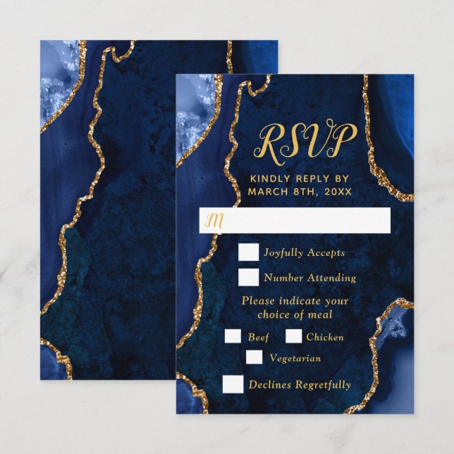 Cartão RSVP Navy Blue and Gold Agate Wedding Meal Choice (Frente/Verso)
