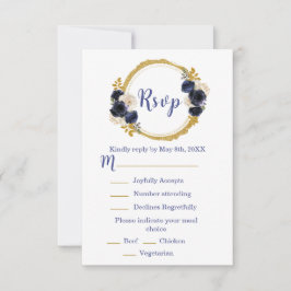 Cartão RSVP Navy Blue and Gold Elegant Flowers Sweet Sixteen