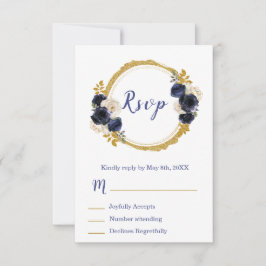 Cartão RSVP Navy Blue and Gold Elegant Flowers Sweet Sixteen
