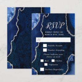 Cartão RSVP Navy Blue and Silver Agate Wedding Meal Choice