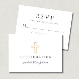 Cartão RSVP Navy Blue Boy Religious Cross Confirmation