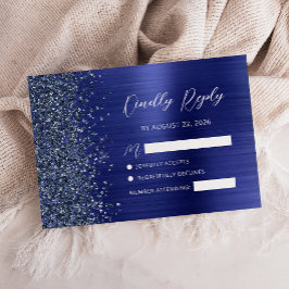 Cartão RSVP Navy Blue Brushed Metal Glitter Script Wedding