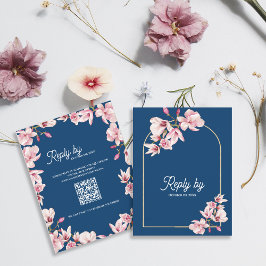 Cartão RSVP Navy Blue Pink Magnolia Floral Wedding Reply By
