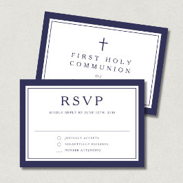 Cartão RSVP Navy Blue Religious Cross Boy First Communion 