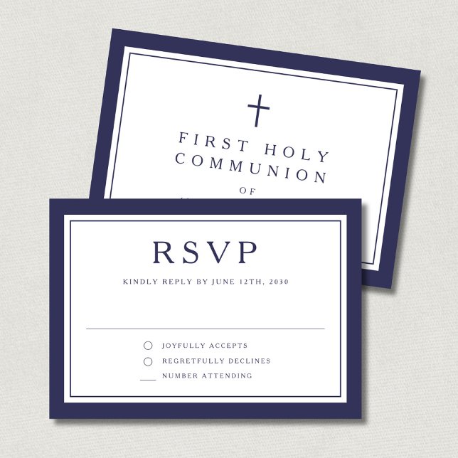 Cartão RSVP Navy Blue Religious Cross Boy First Communion  (Navy Blue Religious Cross Boy First Communion RSVP Card)