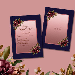 Cartão RSVP Navy Blue Rose Gold Script Burgundy floral wedding