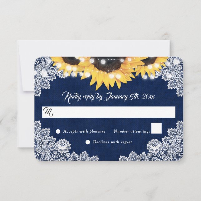 Cartão RSVP Navy Blue Sunflower Burlap Floral Lace Wedding (Frente)